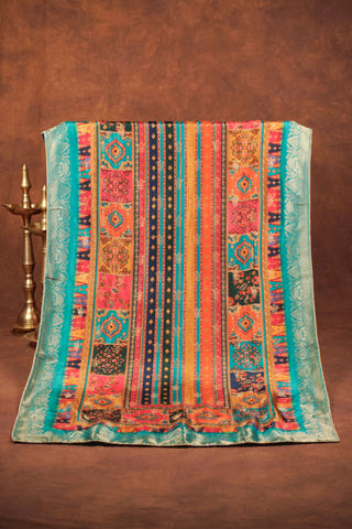 Multicolor art silk dupatta with digital floral patches, kalka motifs, turquoise zari Banarasi border and golden piping