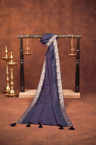 Navy blue jacquard dupatta with self-woven florals, sequin work, silver Banarasi zari floral border and tassels