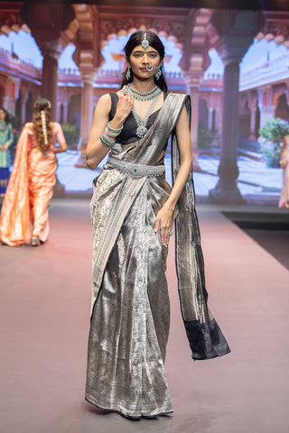 Black and silver Shikaargah Banarasi silk saree with silver zari work