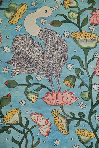 Kalamkari silk saree with crane and lotus motifs