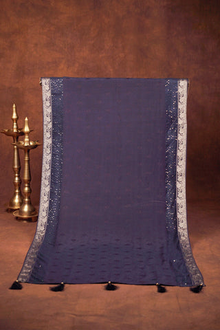 Navy blue jacquard dupatta with self-woven florals, sequin work, silver Banarasi zari floral border and tassels