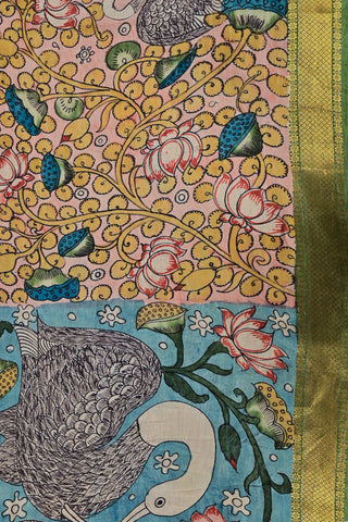 Kalamkari silk saree with crane and lotus motifs