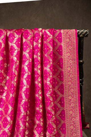 Rani pink Banarasi art silk dupatta with bandhani weave effect