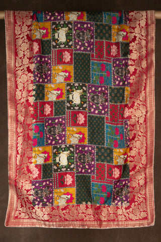 Multicolored patchwork Banarasi Dola silk dupatta with Pichwai motifs