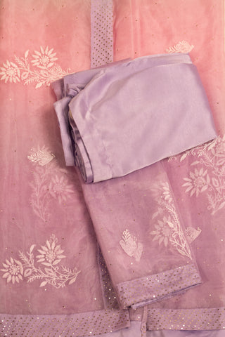 Dual-Tone Pink and Lavender Organza Chikankari Saree with White Embroidery