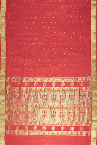 Vermillion Red Pure Crepe Silk Banarasi Saree with Diamond Buttis, Peacock Chakras & Grand Zari Pallu