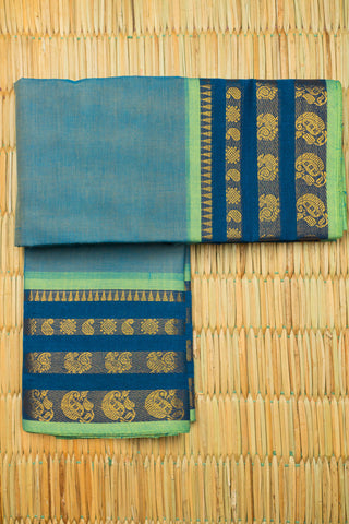 Blue-green dhoop-chaon Chettinad cotton saree with lime green, navy and gold zari motifs
