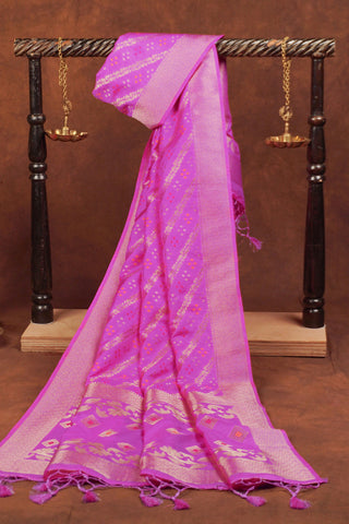 Fuchsia pink Banarasi dupatta with diagonal gold zari leheriya, meenakari dots, diamond booti pallu and hand-knotted tassels