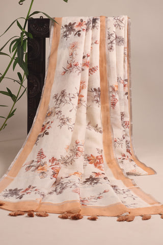 Beige Linen Saree with Delicate Floral Print and Tassel Border
