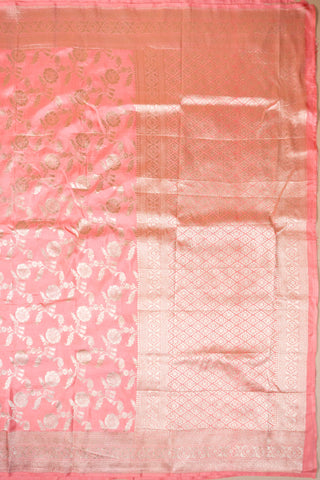 Peach handloom Banarasi silk saree with zari border and rich pallu