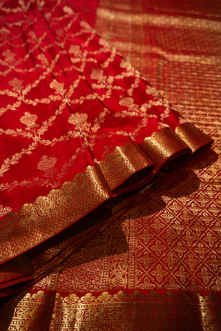Royal Red Mysore Pure Crepe Silk Saree Gold Zari Brocade