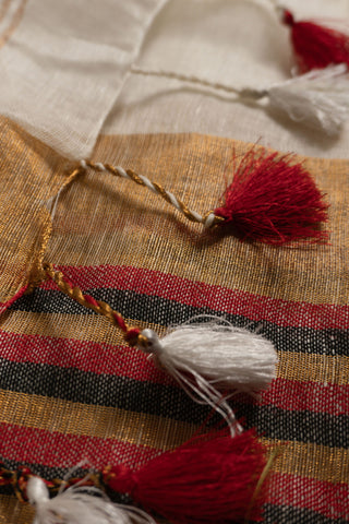 Linen saree with striped pallu and gold zari checks
