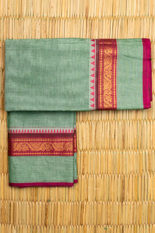 Pista Green Chettinad Cotton Saree with Magenta and Gold Peacock Border