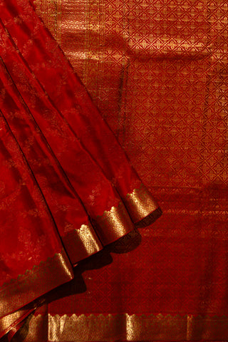 Royal Red Mysore Pure Crepe Silk Saree Gold Zari Brocade
