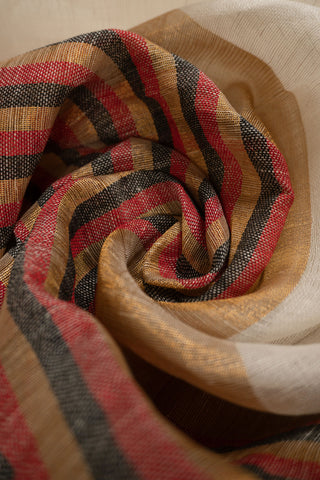 Linen saree with striped pallu and gold zari checks