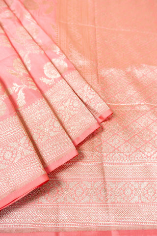 Peach handloom Banarasi silk saree with zari border and rich pallu