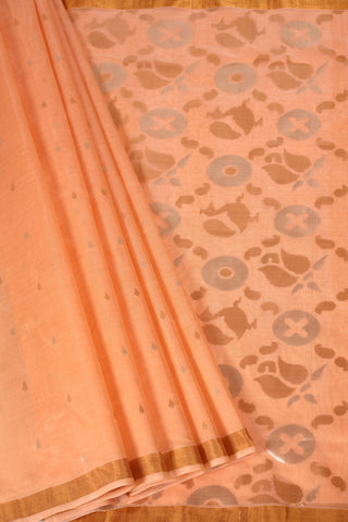 Peach Uppada Silk Saree with Gold & Silver Zari Buttas and Artistic Floral Pallu – Shop now for this Uppada silk saree online.