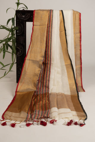 Linen saree with striped pallu and gold zari checks