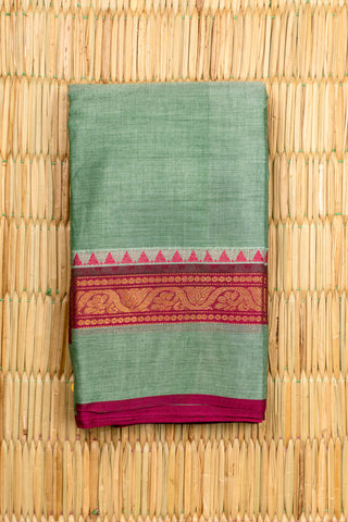 Pista Green Chettinad Cotton Saree with Magenta and Gold Peacock Border