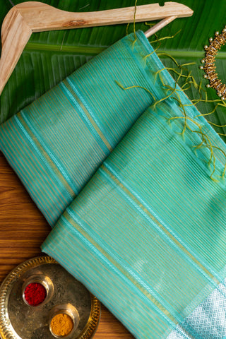 Seafoam Green and Silver Zari Striped Maheshwari Saree