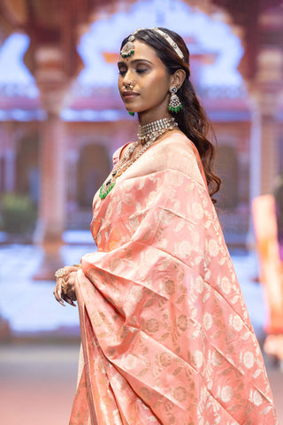 Peach handloom Banarasi silk saree with zari border and rich pallu