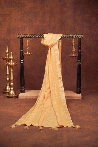 Light yellow jacquard dupatta with woven floral texture, fine sequins, silver Banarasi zari borders and tassels
