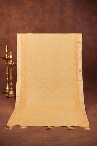Light yellow jacquard dupatta with woven floral texture, fine sequins, silver Banarasi zari borders and tassels