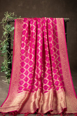 Rani pink Banarasi art silk dupatta with bandhani weave effect