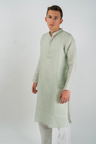 Men's Linen Blend Long Kurta with Center Trim Detail