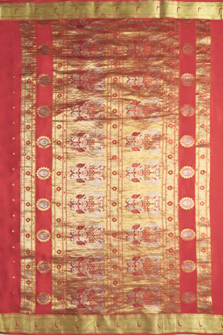 Vermillion Red Pure Crepe Silk Banarasi Saree with Diamond Buttis, Peacock Chakras & Grand Zari Pallu