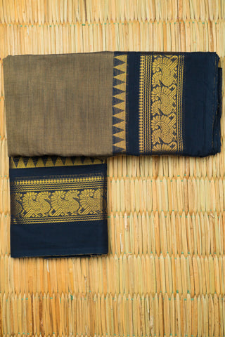 Olive khaki Chettinad cotton saree with navy blue border and gold woven geometric motifs