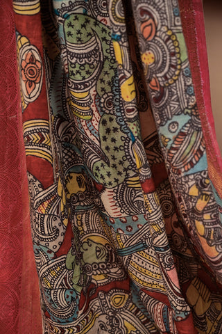 Kalamkari silk saree with zari and mythological art