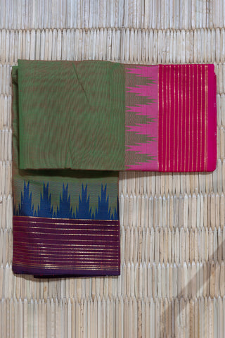 Red & Green Chettinad Cotton Saree with Ganga-Jamuna Borders