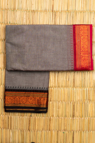 Charcoal Grey Chettinad Cotton Saree with Red Border and Rudraksham Motifs
