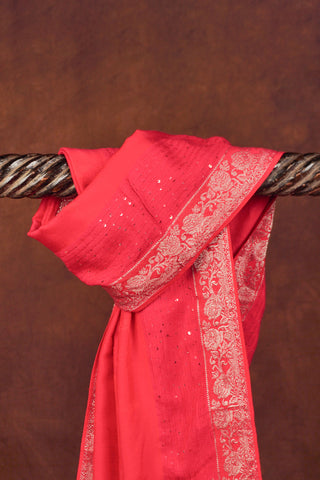 Rani pink jacquard dupatta with woven florals, sequin work, silver zari floral borders and beaded tassels