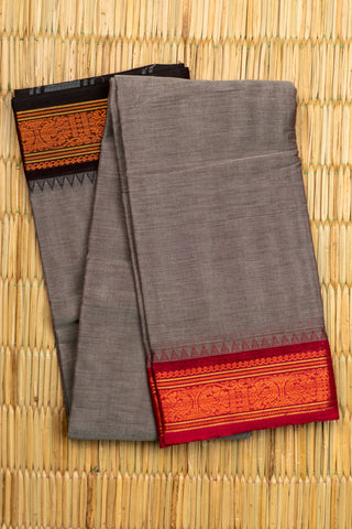 Charcoal Grey Chettinad Cotton Saree with Red Border and Rudraksham Motifs