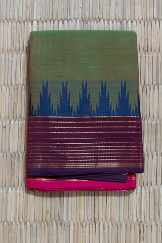 Red & Green Chettinad Cotton Saree with Ganga-Jamuna Borders