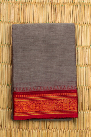 Charcoal Grey Chettinad Cotton Saree with Red Border and Rudraksham Motifs