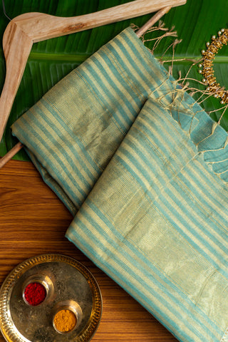 Seafoam Green and Gold Zari Striped Maheshwari Saree