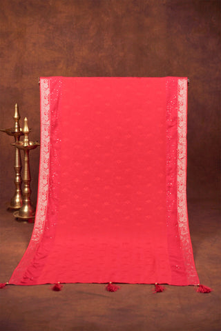 Rani pink jacquard dupatta with woven florals, sequin work, silver zari floral borders and beaded tassels