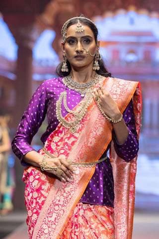 Orange and rani pink Shikaargah Banarasi silk saree with zari work