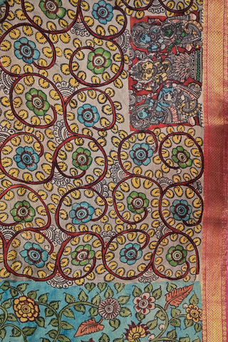 Kalamkari silk saree with zari and mythological art