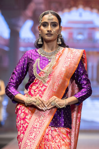 Orange and rani pink Shikaargah Banarasi silk saree with zari work