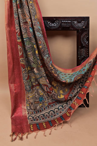 Kalamkari silk saree with zari and mythological art