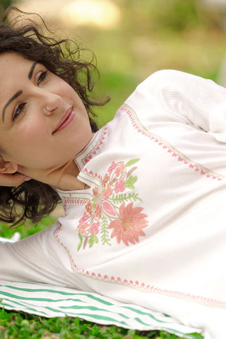 Pristine White Kashmiri Embroidered Semi Linen Co ord Set