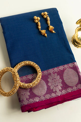 Navy Blue Chettinad Cotton Saree with Silver Zari Floral and Oval Motifs