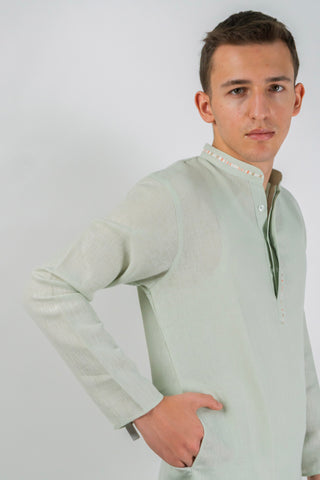 Men's Linen Blend Long Kurta with Center Trim Detail