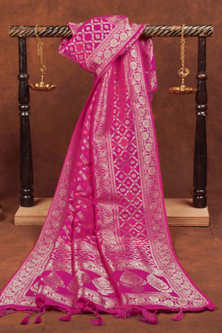 Magenta pink Banarasi jacquard dupatta with diagonal gold zari leheriya, orange meenakari accents and tree-of-life pallu