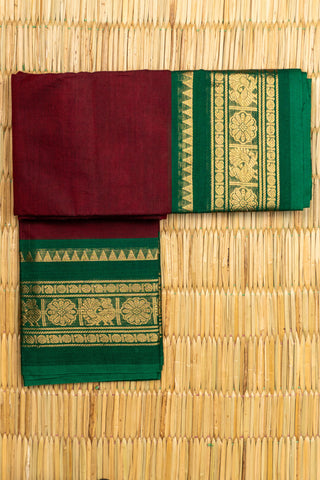 Deep Maroon Chettinad Cotton Saree with Forest Green and Gold Peacock Border