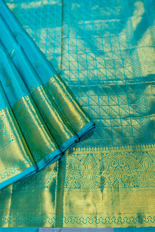 Turquoise blue Kanjivaram silk saree with gold zari border and pallu